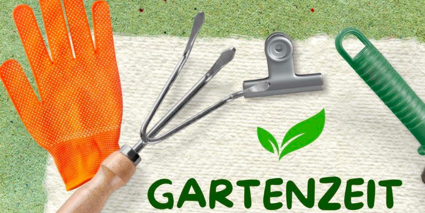 Plakat zur Gartenzeit am Mittwochmorgen mit einem Rahmen aus Handschuh, Rechen, Schaufel, Gießkanne und einem wachsenden Pflänzchen