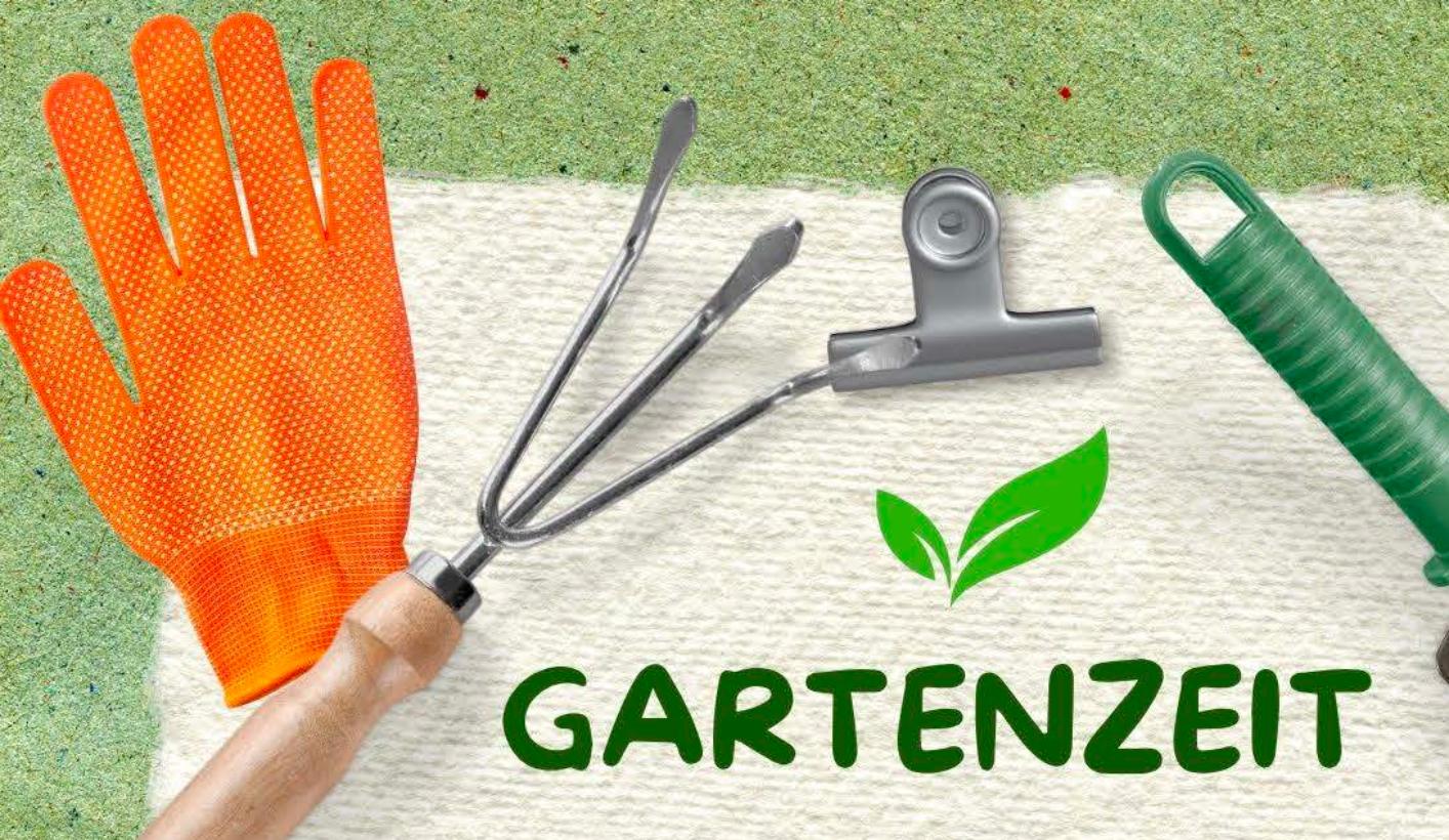 Plakat zur Gartenzeit am Mittwochmorgen mit einem Rahmen aus Handschuh, Rechen, Schaufel, Gießkanne und einem wachsenden Pflänzchen