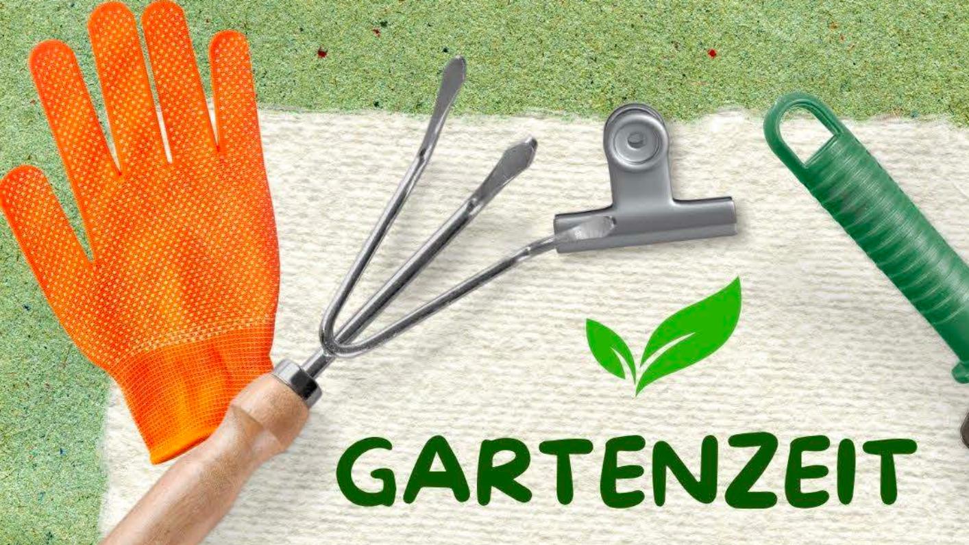 Plakat zur Gartenzeit am Mittwochmorgen mit einem Rahmen aus Handschuh, Rechen, Schaufel, Gießkanne und einem wachsenden Pflänzchen