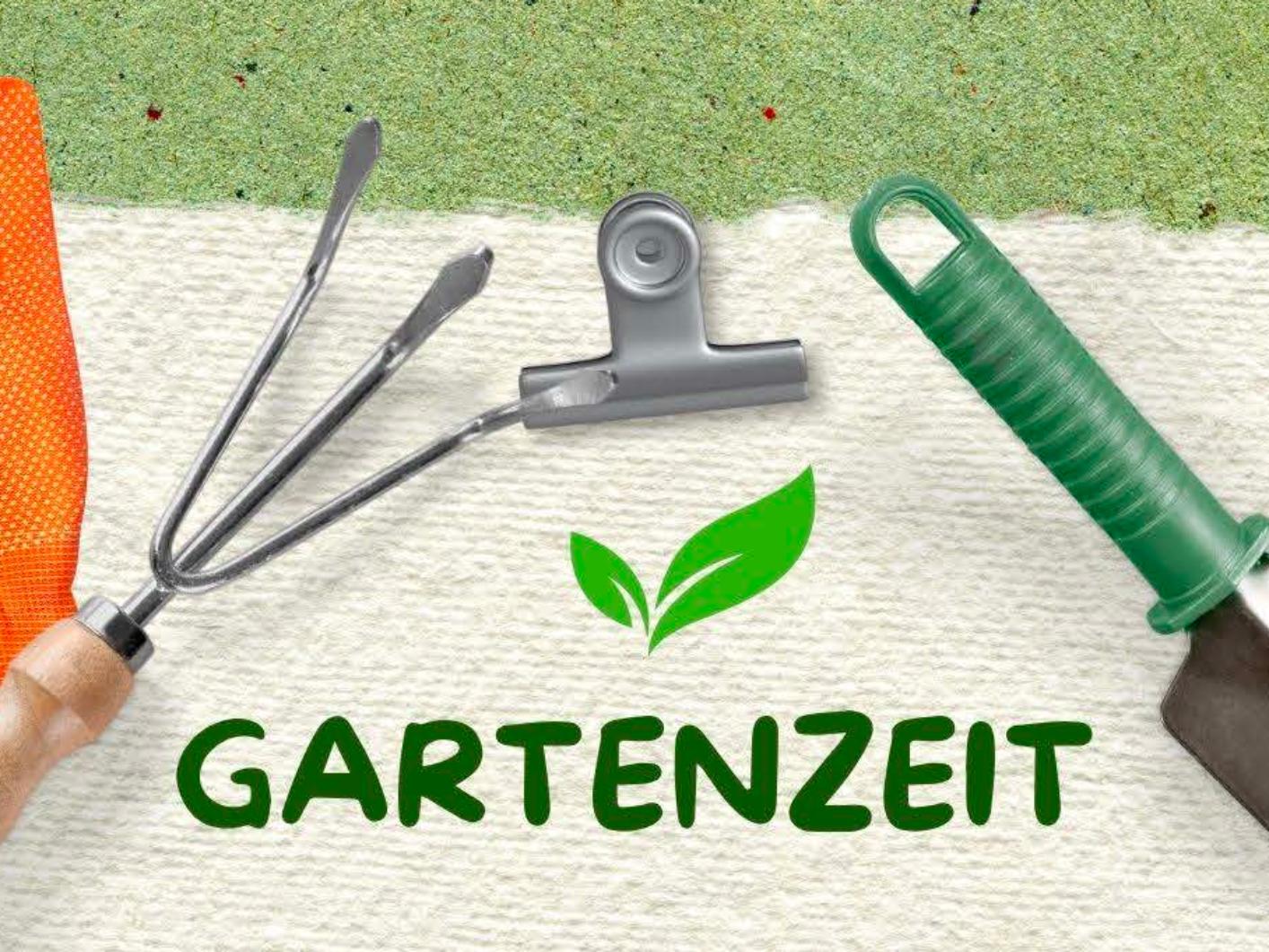 Plakat zur Gartenzeit am Mittwochmorgen mit einem Rahmen aus Handschuh, Rechen, Schaufel, Gießkanne und einem wachsenden Pflänzchen