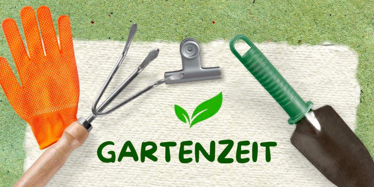 Plakat zur Gartenzeit am Mittwochmorgen mit einem Rahmen aus Handschuh, Rechen, Schaufel, Gießkanne und einem wachsenden Pflänzchen