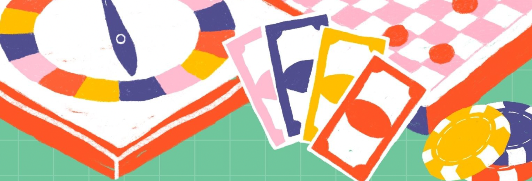 Brettspiele, die auf einem Tisch liegen: Eine Roulettescheibe, Spielgeld und ein Schachbrett.