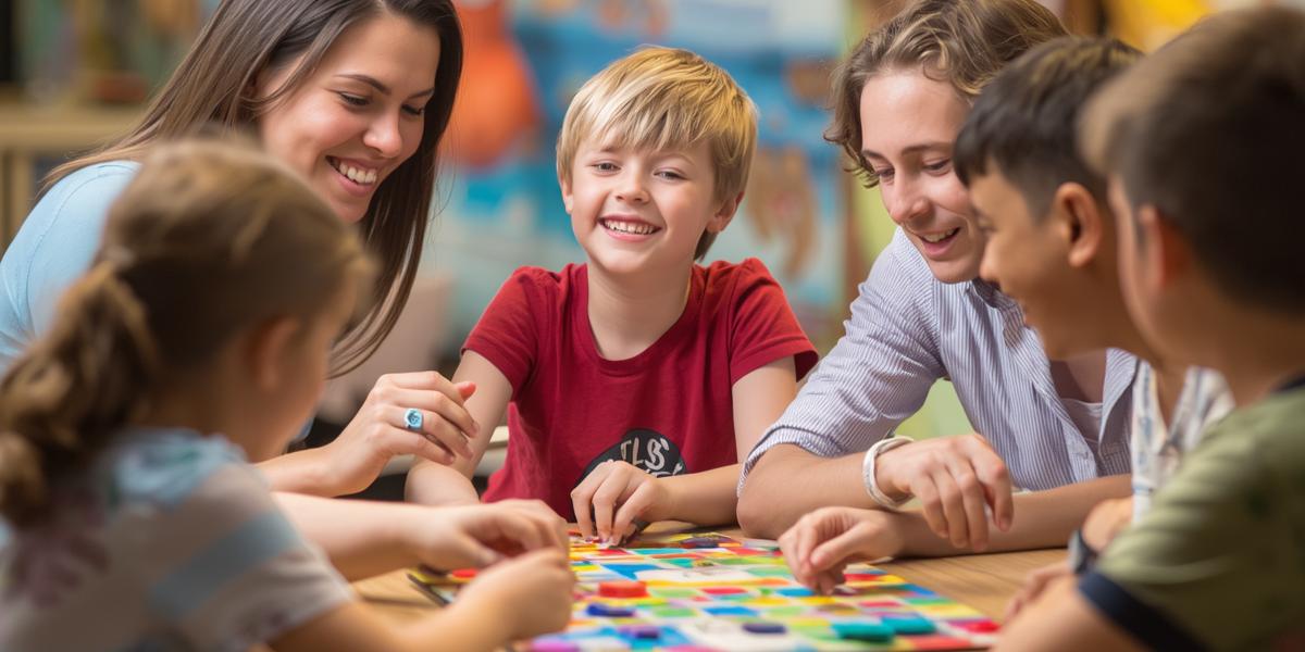 Eine Familie spielt ein Brettspiel an einem Tisch