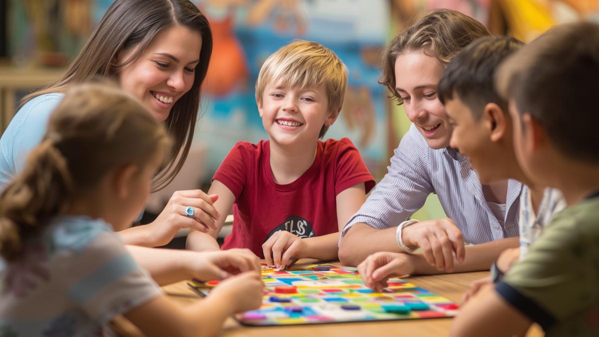 Eine Familie spielt ein Brettspiel an einem Tisch