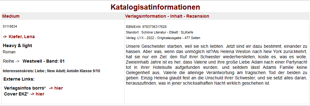 Beispiel für Katalogisat-Informationen für ein Medium
