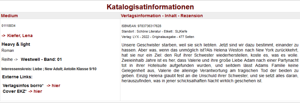 Beispiel für Katalogisat-Informationen für ein Medium